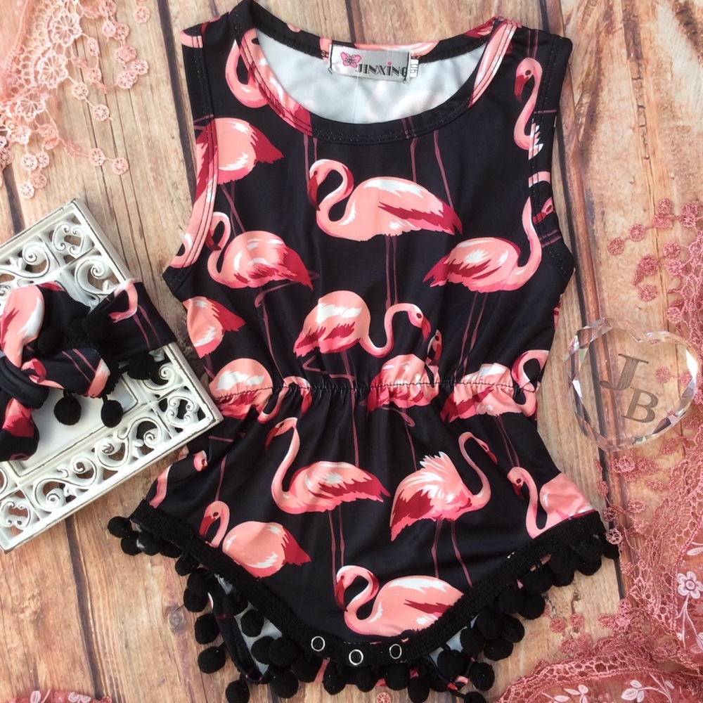 Boutique Baby Girl Flamingo pom pom romper - Picture 2 of 3
